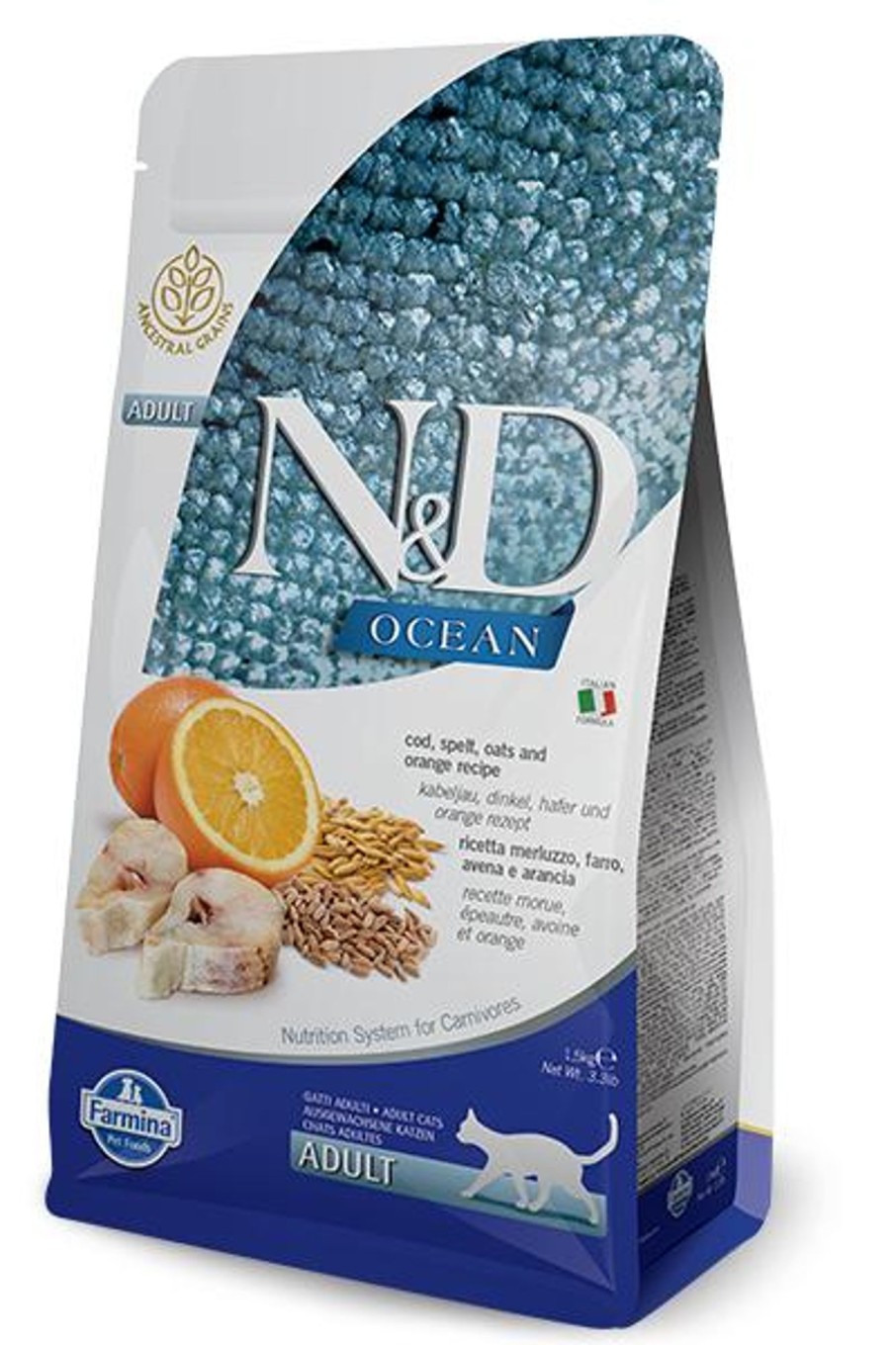 Cat Farmina Pet Foods Dry Food | Farmina Ocean N&D Natural & Delicious Adult Cod, Spelt, Oats & Orange Dry Cat Food